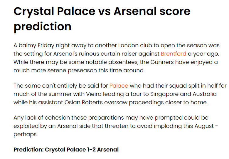 Grey Whitebloom dự đoán Crystal Palace vs Arsenal, 2h ngày 6/8 - Ảnh 1