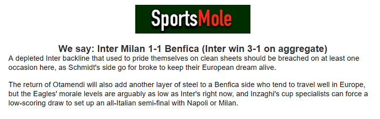 Chuyên gia dự đoán kết quả Inter Milan vs Benfica, 02h00 ngày 20/4 - Ảnh 1