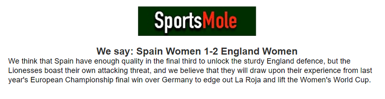 Chuyên gia Sports Mole dự đoán nữ Tây Ban Nha vs nữ Anh, 17h ngày 20/8 - Ảnh 1
