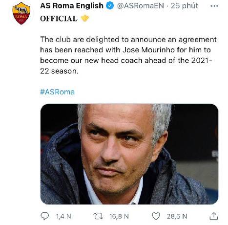 Mourinho dẫn dắt AS Roma cùng bản hợp đồng đến năm 2024