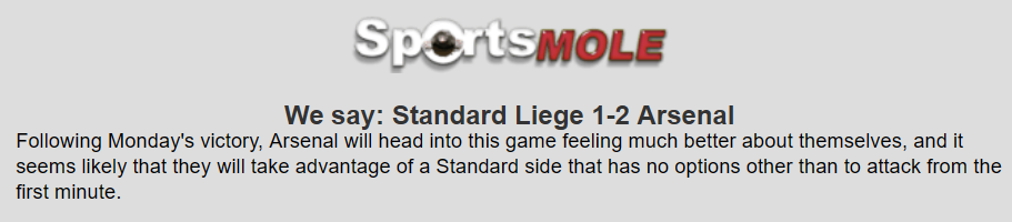 Dự đoán Standard Liege vs Arsenal (0h55 13/12) bởi Sports Mole