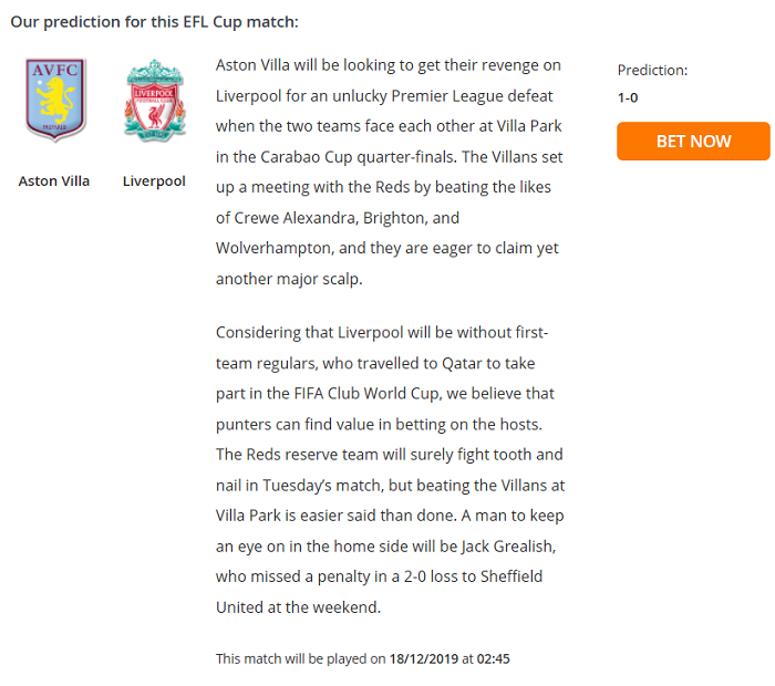Dự đoán Aston Villa vs Liverpool (2h45 18/12) bởi Football Predictions