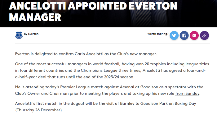 Carlo Ancelotti chính thức dẫn dắt Everton
