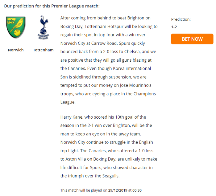 Dự đoán Norwich vs Tottenham (0h30 29/12) bởi Football Predictions