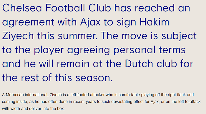 Chelsea chính thức công bố thương vụ Hakim Ziyech