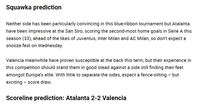 Dự đoán Atalanta vs Valencia (3h 20/2) bởi Squawka