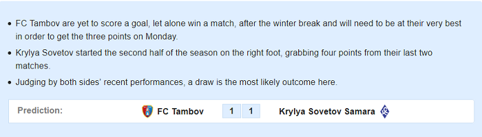 Dự đoán FC Tambov vs Krylya Sovetov Samara (23h30 16/3) bởi Whocored