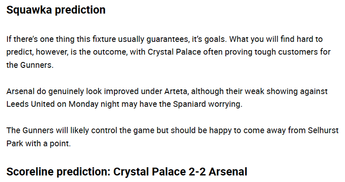 Dự đoán Crystal Palace vs Arsenal (19h30 11/1) bởi Squawka