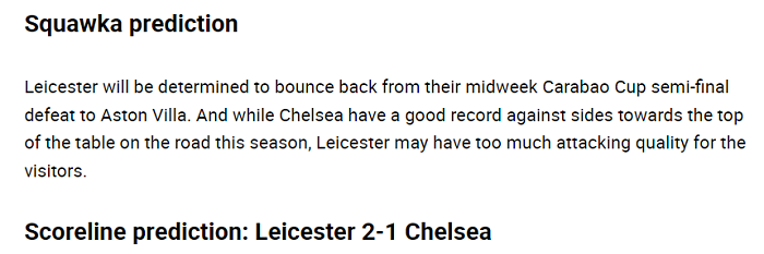 Dự đoán Leicester vs Chelsea (19h30 1/2) bởi Squawka