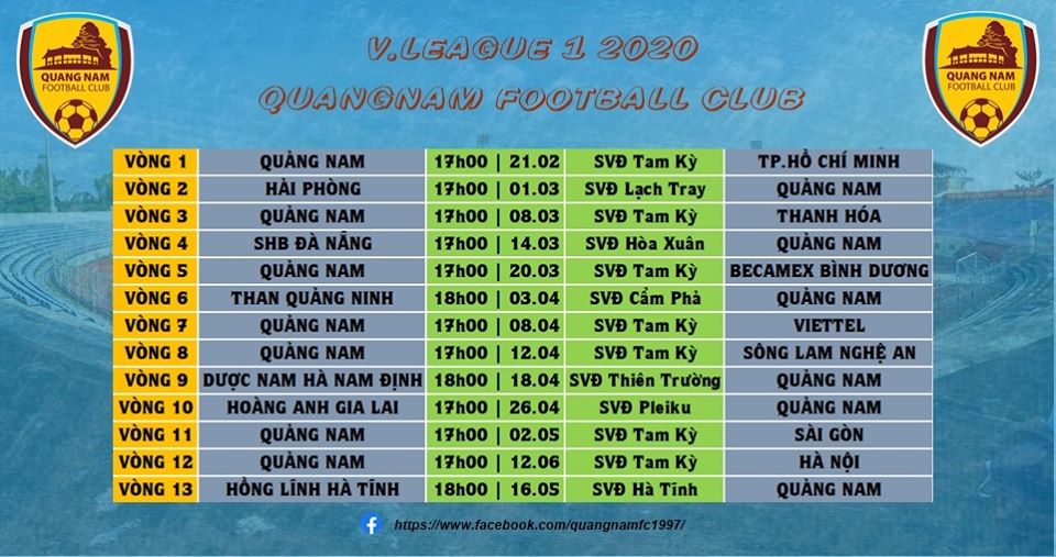 Lịch thi đấu của Quảng Nam tại V.League 2020 lượt đi